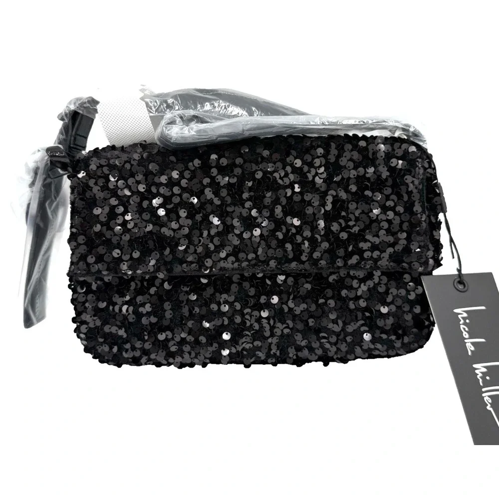 Nicole Miller Black‎ Sequin Shoulder Bag NWT Evening Party Crossbody Adjustable